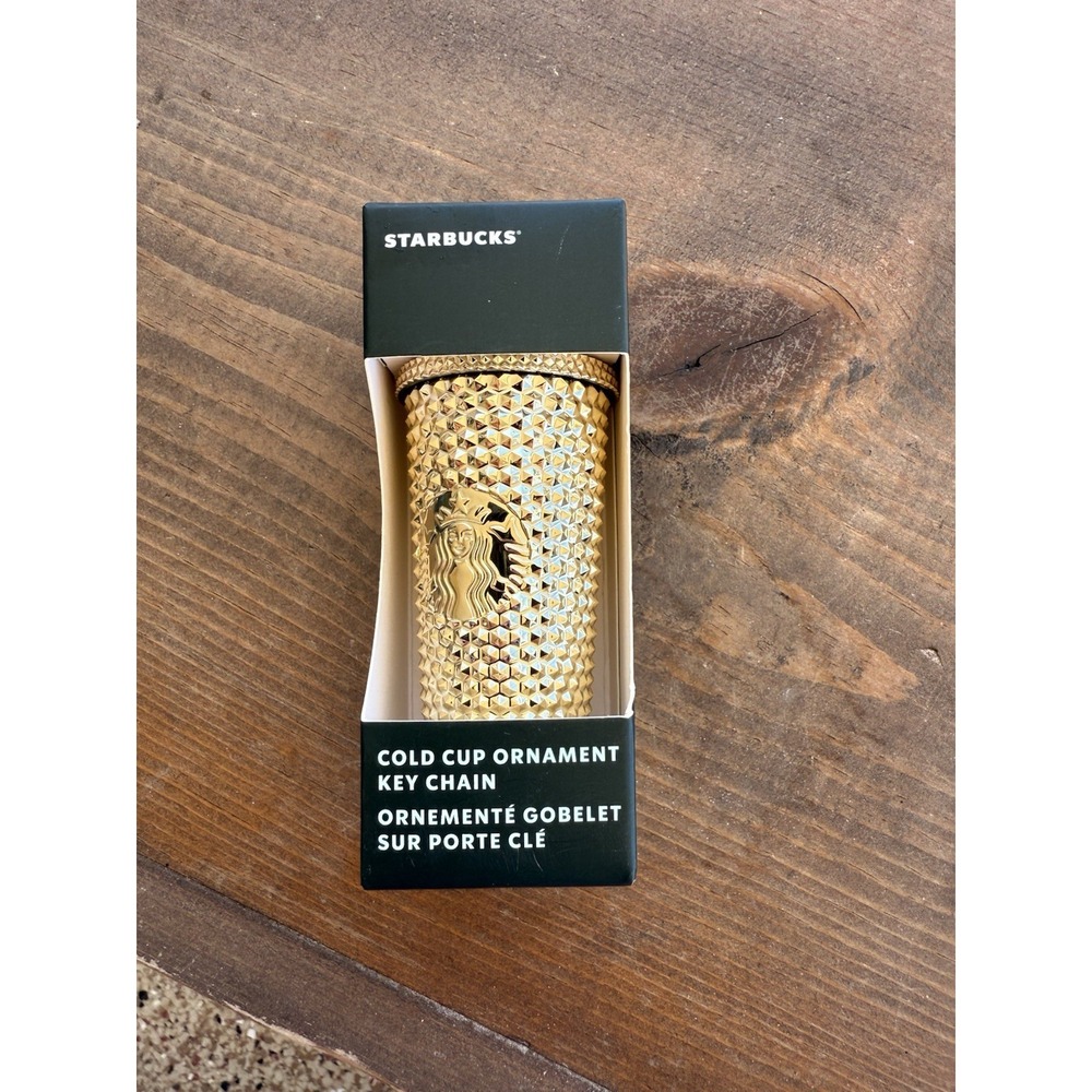 STARBUCKS 2022 GOLD METALLIC STUDDED COLD CUP TUMBLER ORNAMENT KEYCHAIN HOLIDAY